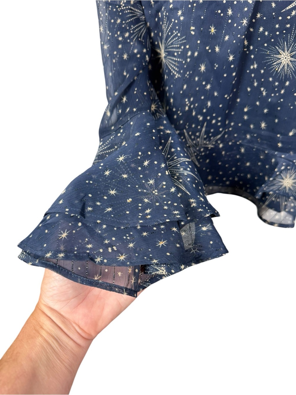 LOFT NWT Celestial Shimmer Peplum Ruffle Sleeve Top Navy & Gold Size S - Picture 3 of 10